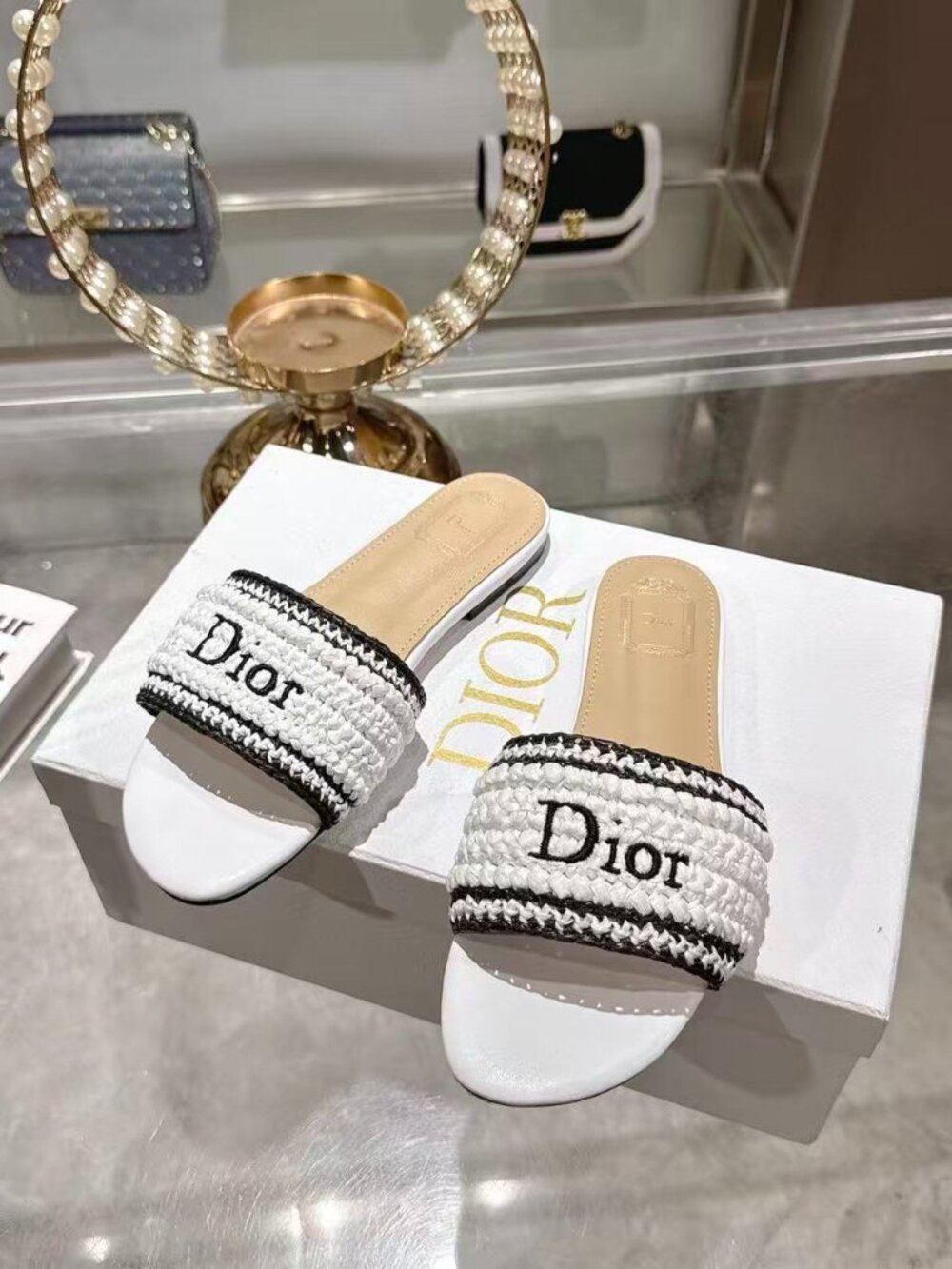 Dior Textured Knit Strap Slide Sandals